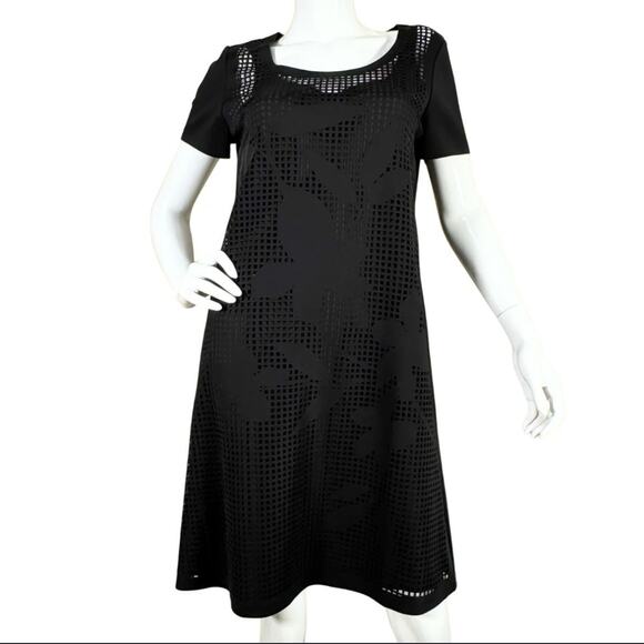 Lafayette 148 Size L Black Floral Mesh Shift Dress Overlay Short Sleeve Solid - Picture 1 of 7